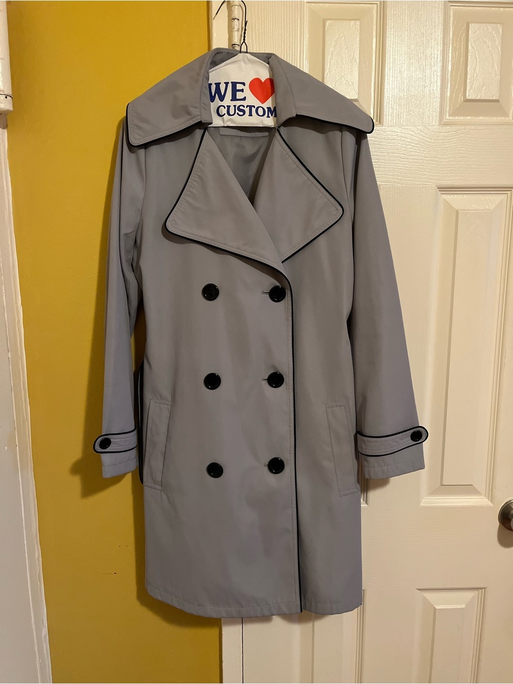 Vertigo Paris Light Gray Double-Breasted Trench Coat with Black Trim